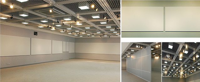 左から、ギャラリー 全景　パネル　移動式展示パネル　天井レール